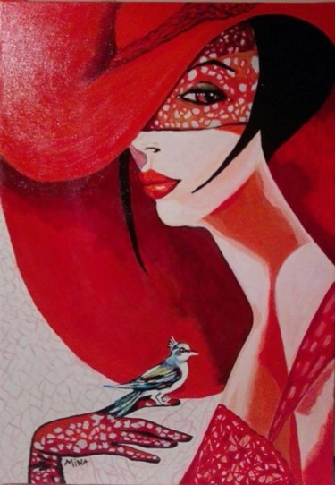 Peinture intitulée "Lady with bird" par Jaca Mina, Œuvre d'art originale, Acrylique