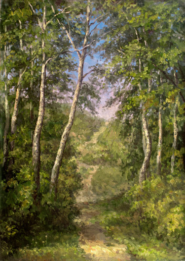 Painting titled "Path with the birch…" by Ruslan Vigovsky, Original Artwork, Oil