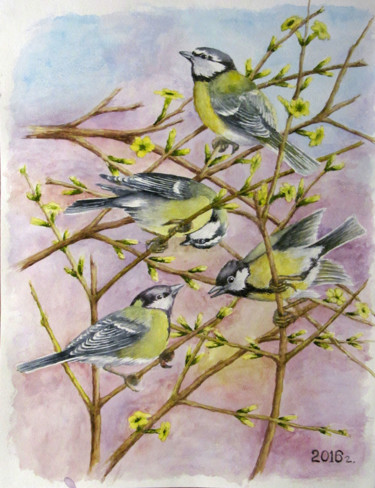 Картина под названием "Birds" - Vladimir Rassomasov, Подлинное произведение искусства, Акварель
