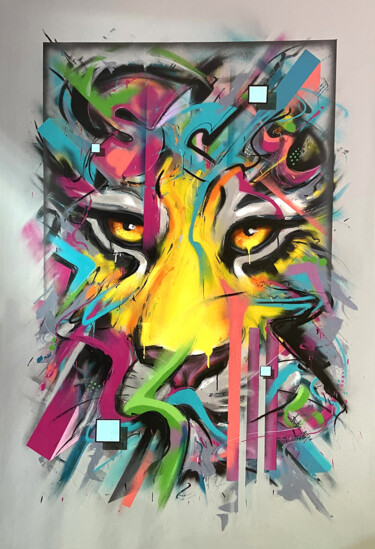 Картина под названием "Explosive tiger" - Roko, Подлинное произведение искусства, Рисунок распылителем краски Установлен на…