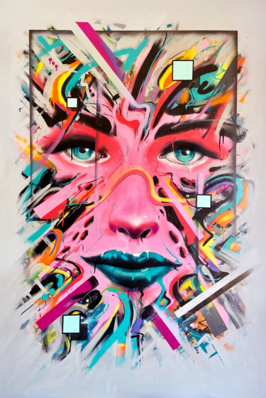 Painting titled "Explosive lady" by Roko, Original Artwork, Spray paint Mounted on Wood Stretcher frame