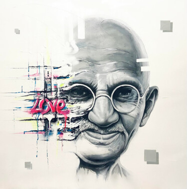 Painting titled "Gandhi" by Roko, Original Artwork, Spray paint Mounted on Wood Stretcher frame