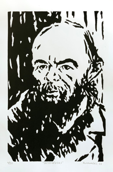 Gravures & estampes intitulée "Dostoiévski" par Renato Wilmers, Œuvre d'art originale, Linogravures