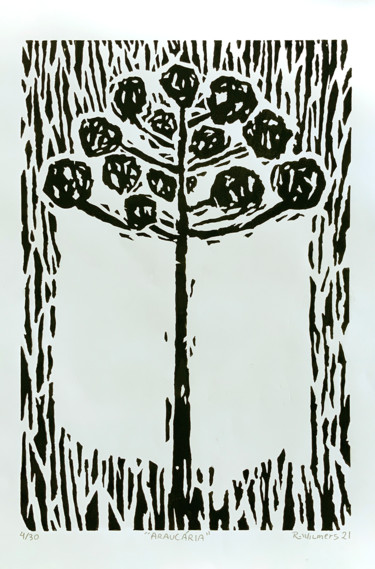 Gravures & estampes intitulée "Araucária" par Renato Wilmers, Œuvre d'art originale, Linogravures