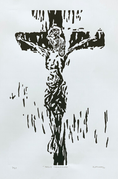Druckgrafik mit dem Titel "Jesus Crucificado" von Renato Wilmers, Original-Kunstwerk, Linoldrucke