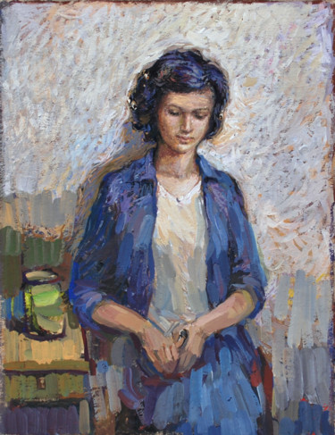Peinture intitulée "девушка с кофемолкой" par Borys Rybinsky, Œuvre d'art originale, Tempera