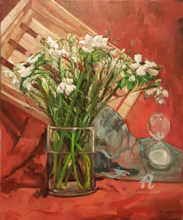 Painting titled "Nature morte aux an…" by Rym, Original Artwork, Oil Mounted on Wood Stretcher frame