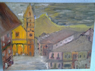 Painting titled "Le vieux bourg" by Rynne, Original Artwork, Oil Mounted on Wood Stretcher frame