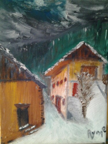 Pintura intitulada "Sous la neige" por Rynne, Obras de arte originais, Óleo Montado em Armação em madeira