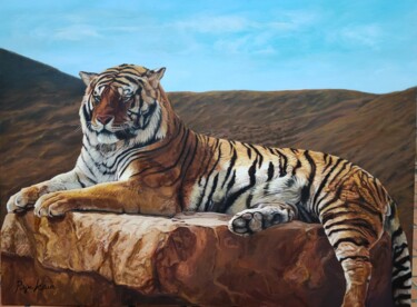 Painting titled "Le tigre au repos" by Maryse Coin (Ryse Kaïa), Original Artwork, Oil Mounted on Wood Stretcher frame