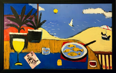 Painting titled "Lunch on beach" by Rza Rzazadeh, Original Artwork, Oil Mounted on Wood Stretcher frame