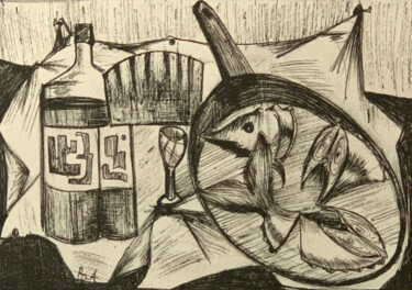 Drawing titled "Stell life with fish" by Rza Rzazadeh, Original Artwork, Ink