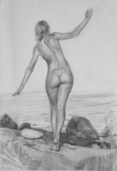 Drawing titled "On a Stone Beach" by Sergey Kostov, Original Artwork, Graphite