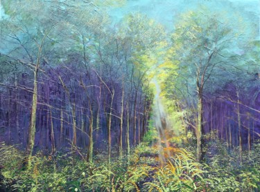 Painting titled "Dawn Rays Forrest G…" by Simon Jones, Original Artwork, Oil