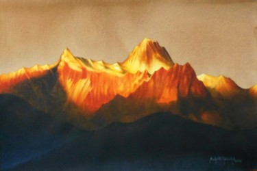 Картина под названием "sunrise over hill" - Sudipta Karmakar, Подлинное произведение искусства, Акварель