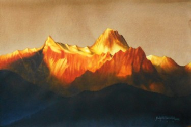 Painting titled "sunrise over hill" by Sudipta Karmakar, Original Artwork, Watercolor