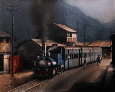 Schilderij getiteld "toy train darjellig" door Sudipta Karmakar, Origineel Kunstwerk, Aquarel