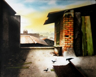 Malerei mit dem Titel "An old roof" von Sudipta Karmakar, Original-Kunstwerk, Aquarell
