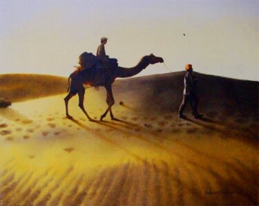 Ζωγραφική με τίτλο "camel safari" από Sudipta Karmakar, Αυθεντικά έργα τέχνης, Ακουαρέλα