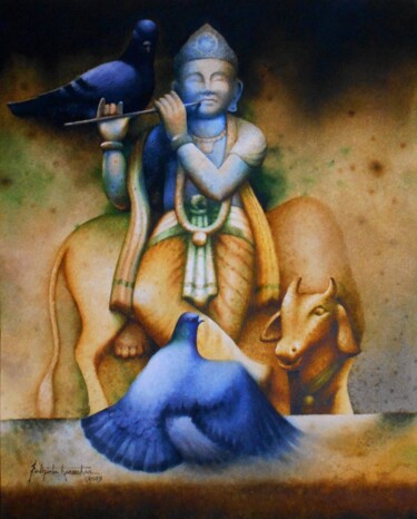 Ζωγραφική με τίτλο "Lord Krishna" από Sudipta Karmakar, Αυθεντικά έργα τέχνης, Ακουαρέλα