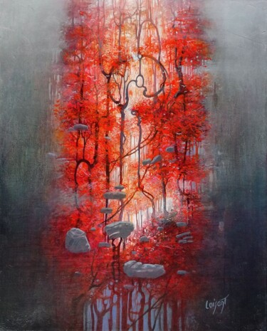 Pintura intitulada "Forêt rouge vertica…" por Sylvain Loisant, Obras de arte originais, Óleo Montado em Armação em madeira
