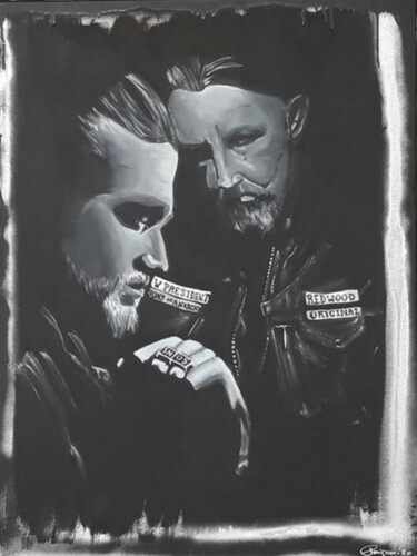 Painting titled "Jax et Chibs" by Salomé Perignon, Original Artwork, Acrylic Mounted on Wood Stretcher frame