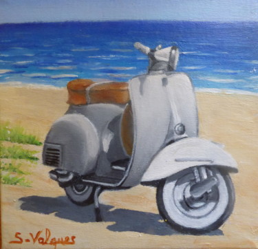 Painting titled "Scooter Vespa sur l…" by S-Valques, Original Artwork, Acrylic