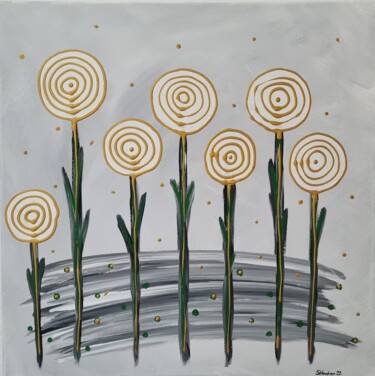 Painting titled "Blumentag Grau" by Sigrid Vondran, Original Artwork, Acrylic Mounted on Wood Stretcher frame