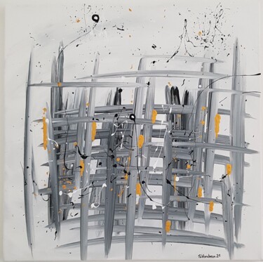 Malerei mit dem Titel "Abstrakt Grau mit G…" von Sigrid Vondran, Original-Kunstwerk, Acryl Auf Keilrahmen aus Holz montiert