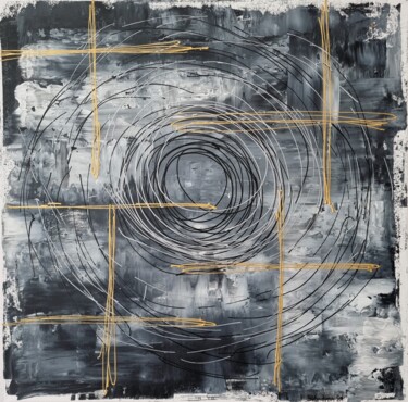 Malerei mit dem Titel "Schwarz mit Kreis" von Sigrid Vondran, Original-Kunstwerk, Acryl Auf Keilrahmen aus Holz montiert