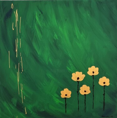 Painting titled "Blumen grün" by Sigrid Vondran, Original Artwork, Acrylic Mounted on Wood Stretcher frame