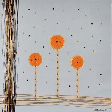 Schilderij getiteld "Orange Blumen" door Sigrid Vondran, Origineel Kunstwerk, Acryl Gemonteerd op Frame voor houten brancard