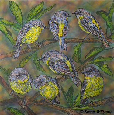 Painting titled "Yellow Robins and B…" by Susan Willemse, Original Artwork, Acrylic