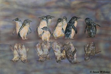 Painting titled "Penguin reflections" by Susan Willemse, Original Artwork, Acrylic Mounted on Wood Stretcher frame