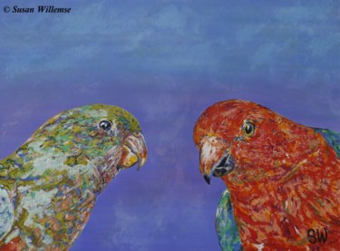 Painting titled "King Parrots" by Susan Willemse, Original Artwork, Acrylic Mounted on Wood Stretcher frame