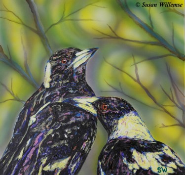 Painting titled "Magpies" by Susan Willemse, Original Artwork, Acrylic Mounted on Wood Stretcher frame
