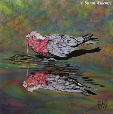 Painting titled "Galah reflection: P…" by Susan Willemse, Original Artwork, Acrylic Mounted on Wood Stretcher frame