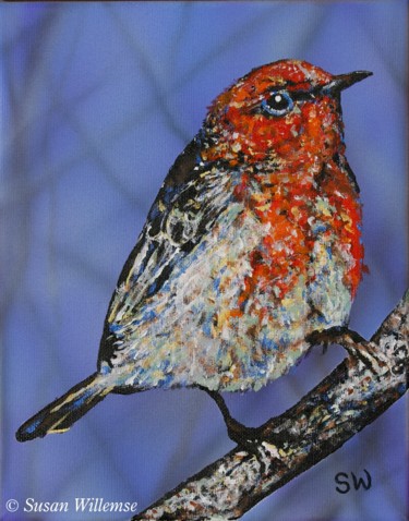 Painting titled "Scarlet honeyeater" by Susan Willemse, Original Artwork, Acrylic Mounted on Wood Stretcher frame