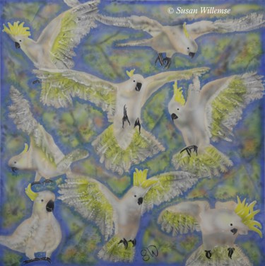 Painting titled "Flock Sulphur Cocka…" by Susan Willemse, Original Artwork, Acrylic Mounted on Wood Stretcher frame