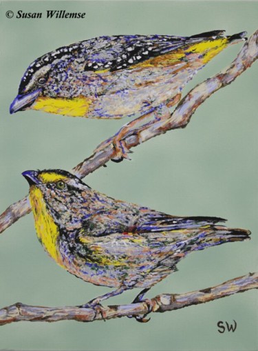 Painting titled "Pardalotes" by Susan Willemse, Original Artwork, Acrylic Mounted on Wood Stretcher frame