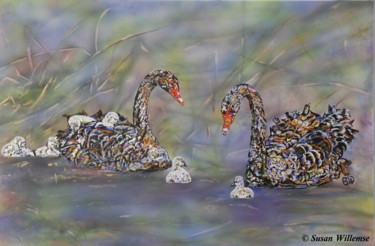 Painting titled "Swans" by Susan Willemse, Original Artwork, Acrylic Mounted on Wood Stretcher frame
