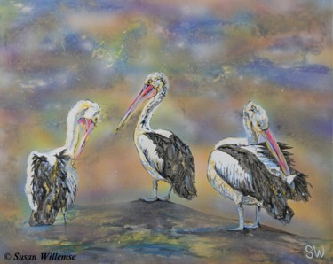 Painting titled "Pelicans" by Susan Willemse, Original Artwork, Acrylic Mounted on Wood Stretcher frame