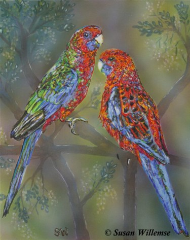 Painting titled "Crimson Rosellas: F…" by Susan Willemse, Original Artwork, Acrylic Mounted on Wood Stretcher frame
