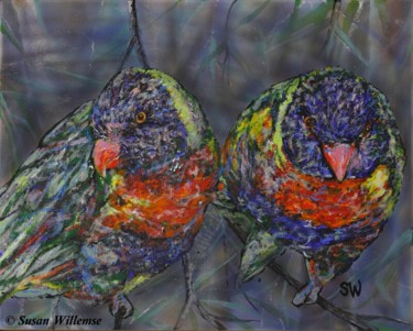 Painting titled "Rainbow Lorikeets:…" by Susan Willemse, Original Artwork, Acrylic Mounted on Wood Stretcher frame