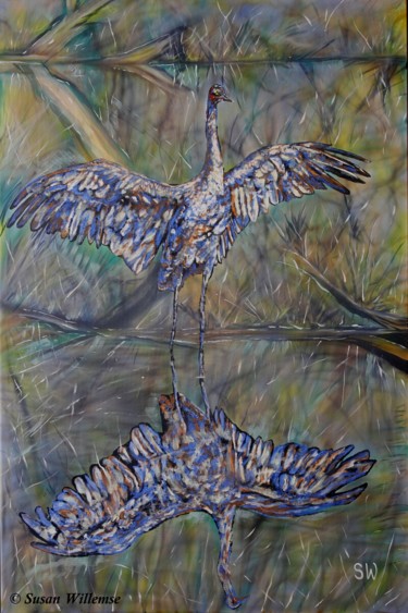Painting titled "Brolga reflection" by Susan Willemse, Original Artwork, Acrylic Mounted on Wood Stretcher frame
