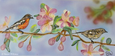 Painting titled "Robins in spring bl…" by Susan Willemse, Original Artwork, Acrylic Mounted on Wood Stretcher frame