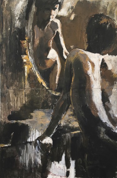 Peinture intitulée "In front of the mir…" par Sergei Yashin, Œuvre d'art originale, Acrylique Monté sur Châssis en bois