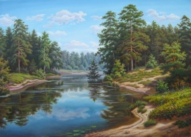 Painting titled "Летний день на озере" by Andrei Sutin, Original Artwork, Oil
