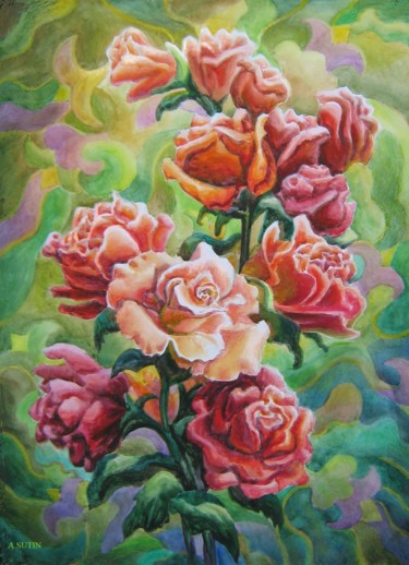 Ζωγραφική με τίτλο "Розы." από Андрей Сутин, Αυθεντικά έργα τέχνης, Ακουαρέλα