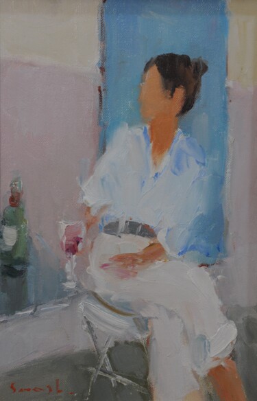 Painting titled "woman in a cafe" by Saash, Original Artwork, Oil